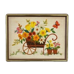 Vintage framed crewel flower wagon embroidery